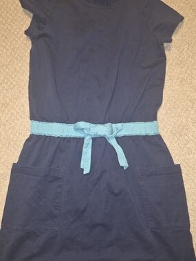 Hanna Andersson Navy Dress with Teal Tie Belt
